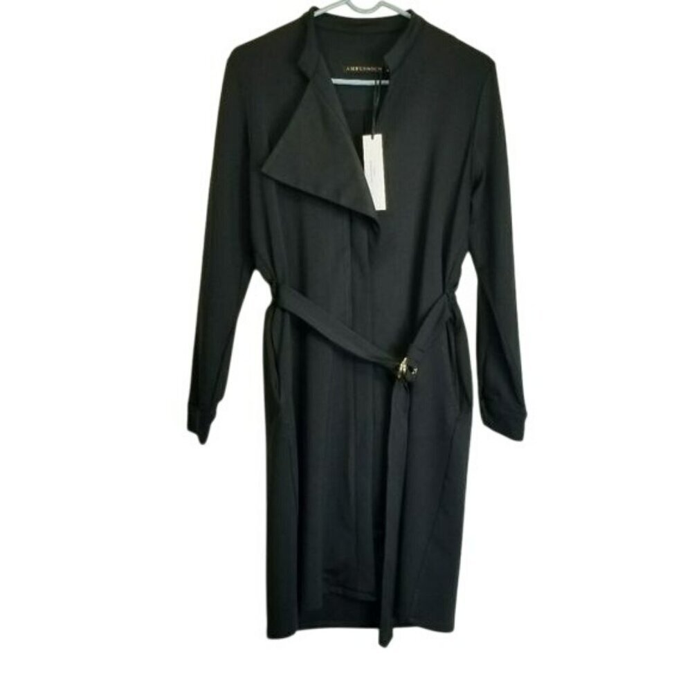Ambernoon Womens L Zoah‎ Black Belted Long Sleeve Zipper Coat Dress Pockets UPF